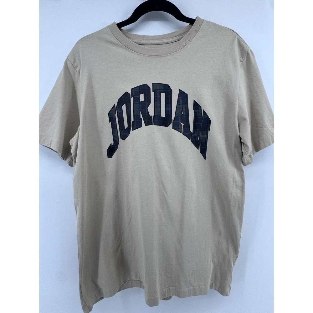 Jordan Shirt Mens Large Beige Plaid Graphic Tagless Crewneck Jumpman Tee